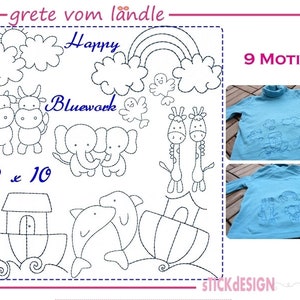 Noah&#39;s Ark Motifs Embroidery Pattern, 10x10 Redwork