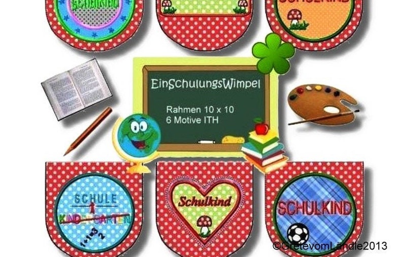 A Wimpel Einschulung 10x10 ITH Stickdatei Stickmuster sticken Bild 1