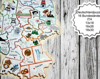 A Deutschland Puzzle ITH 16 Bundesländer Stickmuster Stickdatei sticken Schule