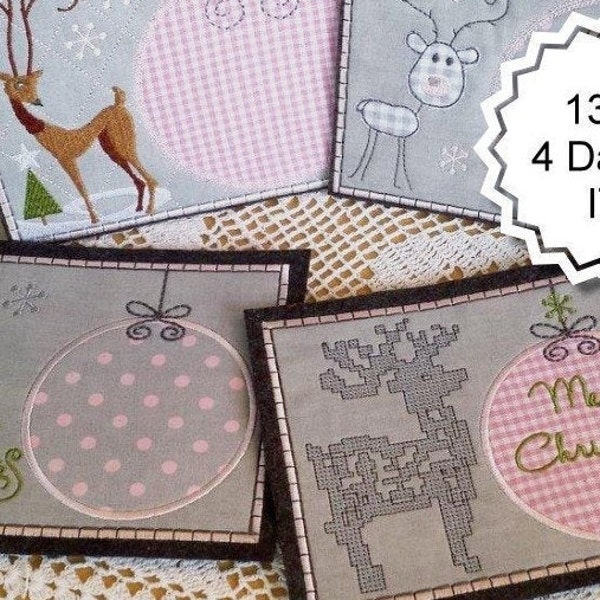 A Mug Rug 13x18 ITH Christmas Advent reindeer deer coaster embroidery pattern Stickdaei embroider