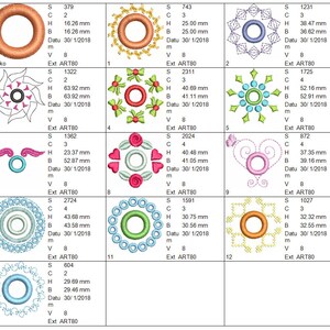 以下が含まれることがあります： 13種類の刺繍デザインが示されたチャート。各デザインは、さまざまな色とパターンで描かれた円形です。チャートには、各デザインのサイズ（ミリメートル）と作成日が記載されています。