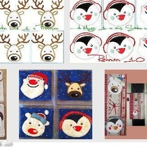 May include: A collection of Christmas-themed felt ornaments featuring reindeer, penguins, Santa Claus, and a snowman. The ornaments are displayed on a white background with a brown plaid pattern. The text "Rahmen 10 x 10" is visible in the image.