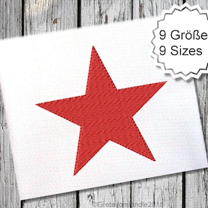 Puede incluir: Una estrella roja sobre un fondo blanco. El texto "9 Größen 9 Sizes" está en un círculo en la parte superior derecha de la imagen.
