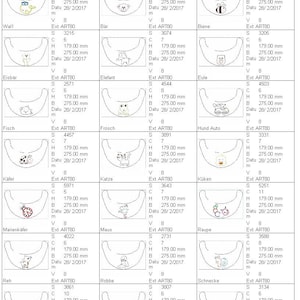 May include: A chart with 12 different designs for bibs. Each bib has a different animal graphic and the text "Ext ART80" and the size, height, and width measurements. The animals include a whale, bear, bee, owl, car, ladybug, cat, mouse, caterpillar, snail, and bird.