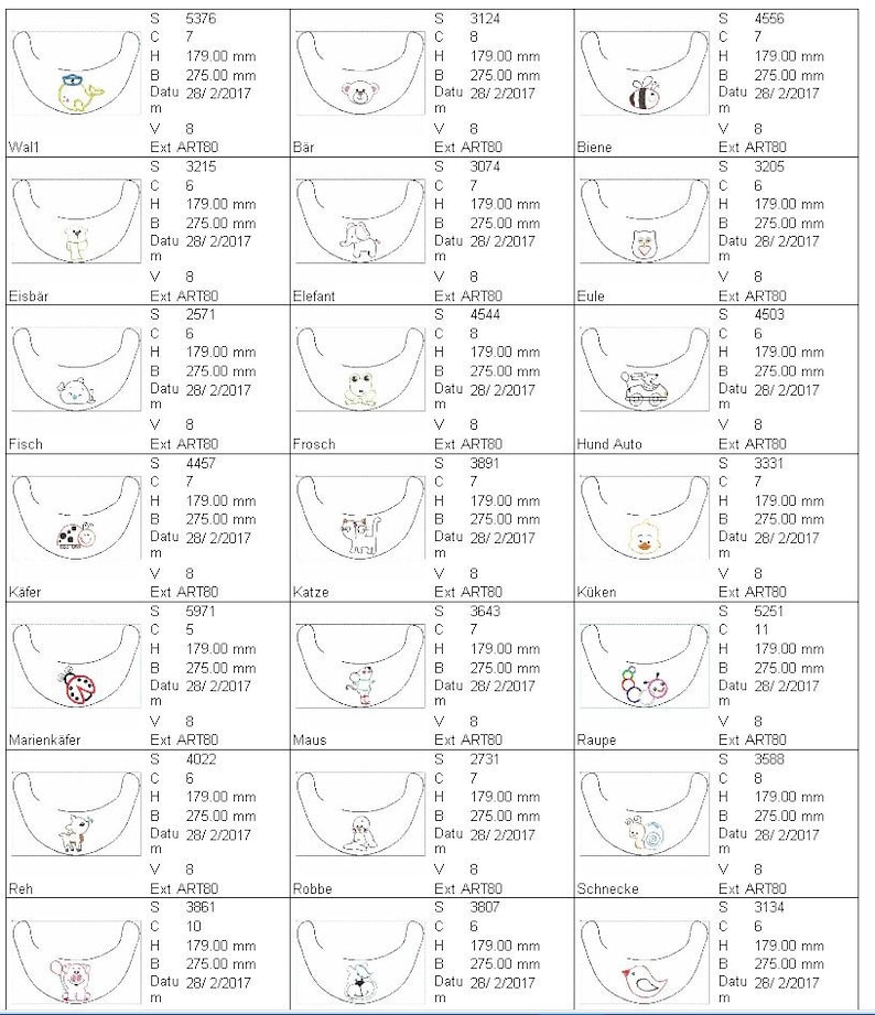 May include: A chart with 12 different designs for bibs. Each bib has a different animal graphic and the text "Ext ART80" and the size, height, and width measurements. The animals include a whale, bear, bee, owl, car, ladybug, cat, mouse, caterpillar, snail, and bird.