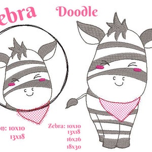 Könnte beinhalten: Zwei gestickte Zebra-Designs. Eines ist ein Zebra-Kopf in einem Kreis, das andere ein ganzes Zebra. Beide haben schwarz-weiße Streifen, rosa Wangen und ein rosa Halstuch. Die Wörter "Zebra" und "Doodle" sind in rosa Text geschrieben.