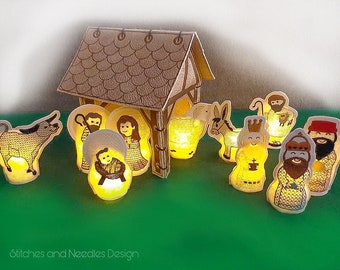 Nativity scene and figures LED cover ITH embroidery file combination Advent Christmas embroidery pattern