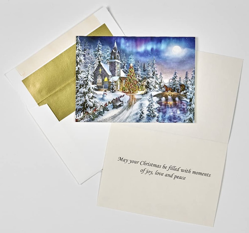 Vermont Christmas Company Box of 'Christmas Lighthouse' Christmas Cards - 15 Cards & 16 Foil Lined Envelopes - Packed in Attractive Red Box - Cards measure 4 1/2 x 6 1/4 Folded