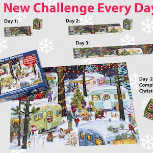 May include: A 1000-piece jigsaw puzzle advent calendar with a winter camping theme. The box shows a completed image of a snowy forest with campers and a Christmas tree. The puzzle pieces are arranged in a grid pattern, with each piece representing a different day of the month. The box also includes a 24-day countdown to Christmas.