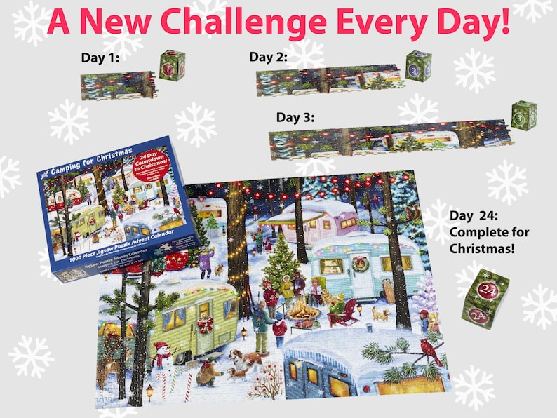 May include: A 1000-piece jigsaw puzzle advent calendar with a winter camping theme. The box shows a completed image of a snowy forest with campers and a Christmas tree. The puzzle pieces are arranged in a grid pattern, with each piece representing a different day of the month. The box also includes a 24-day countdown to Christmas.