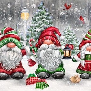 May include: Three gnomes wearing red and green winter clothing stand in a snowy forest. The gnomes are holding a candy cane, a lantern, and a wreath. There are presents and a rabbit in the snow.