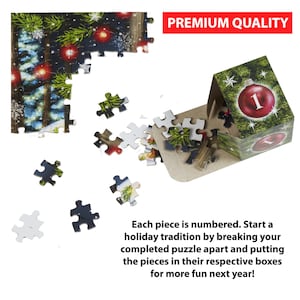 May include: A Christmas-themed jigsaw puzzle with a festive design. The puzzle is partially assembled, with some pieces scattered around a box. The box is decorated with a Christmas tree and a red ornament with the number 1 on it. The text "PREMIUM QUALITY" is visible in the upper right corner of the image.