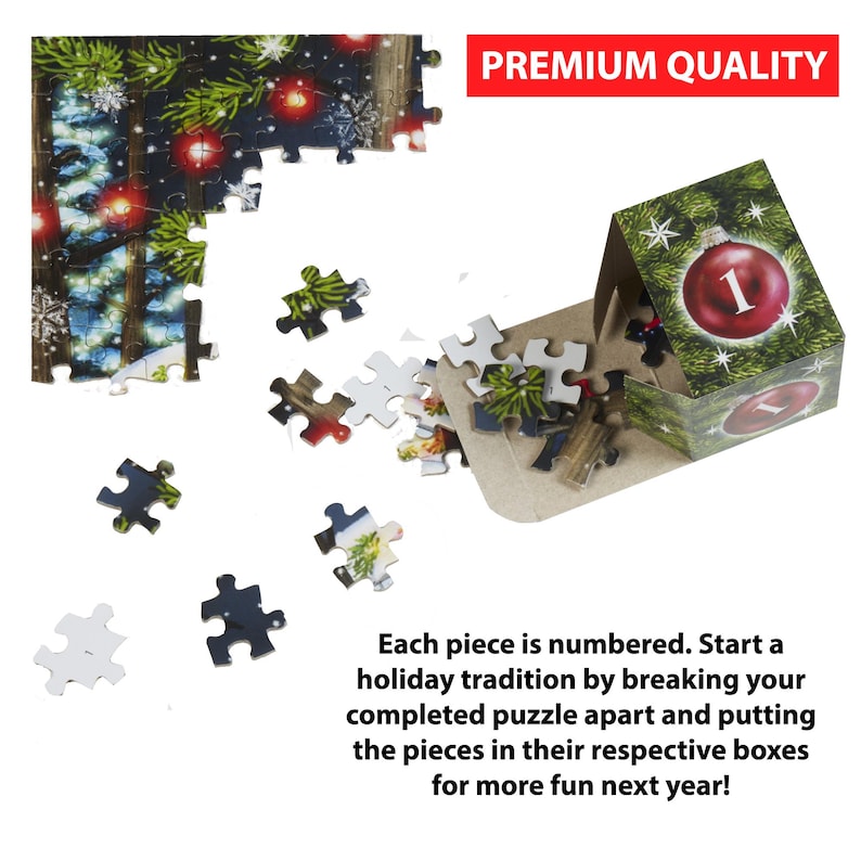 May include: A Christmas-themed jigsaw puzzle with a festive design. The puzzle is partially assembled, with some pieces scattered around a box. The box is decorated with a Christmas tree and a red ornament with the number 1 on it. The text "PREMIUM QUALITY" is visible in the upper right corner of the image.