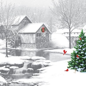 May include: A snowy winter scene with a wooden watermill, a small waterfall, and a green Christmas tree decorated with red cardinals. The mill has a wreath on the door and is surrounded by snow-covered trees.