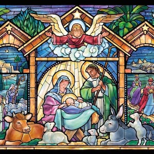 May include: A stained glass depiction of the Nativity scene. The image features Mary, Joseph, and baby Jesus in a manger, surrounded by animals and the three wise men. An angel hovers above the stable.
