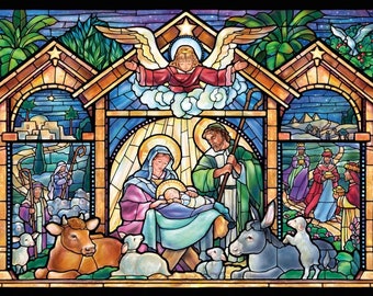 Box of Stained Glass Nativity Christmas Cards - 15 Cards / 16 Foil Lined Envelopes