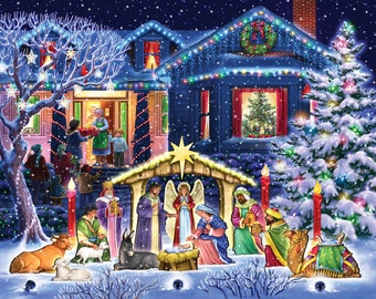 Box of 'Nighttime Nativity' Christmas Cards - 15 Cards & 16 Gold Foil Lined Envelopes