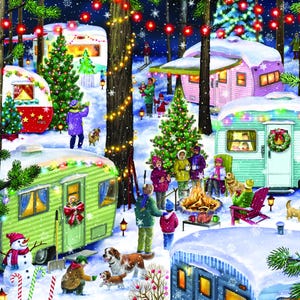 May include: A winter scene with a group of campers gathered around a campfire in front of their decorated trailers. The trailers are covered in snow and decorated with Christmas lights. There are trees covered in snow and a Christmas tree in the center of the scene.