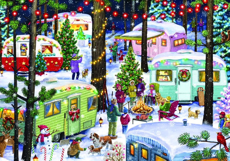 May include: A winter scene with a group of campers gathered around a campfire in front of their decorated trailers. The trailers are covered in snow and decorated with Christmas lights. There are trees covered in snow and a Christmas tree in the center of the scene.