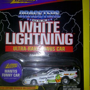 Dragsters USA White Lightning Ultre-Rare Bonus Car Playing Mantis neu auf Karte