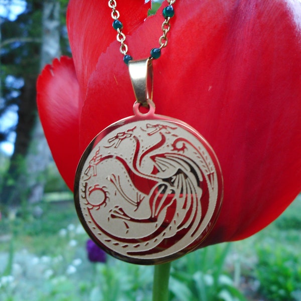 Dragon Triglav, golden stainless steel dragon necklace