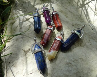 Obelisk stone, mookaite, lapis lazuli pendant, pink Moonstone colored