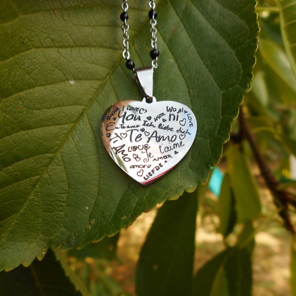 collier miroir " je t'aime " multilingue, coeur en acier inoxydable