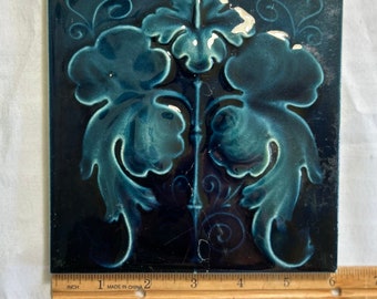 Antique Art Nouveau Cerulean Blue Hibiscus Majolica Decorative Tile 6”x6”