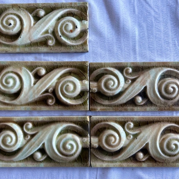 Lot of 5 American Encaustic Tile Co 6x3 Decorative Liner Tile, Fireplace, Antique Tile, AET Co., Art Tile