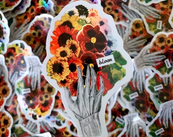 pegatina de vinilo holográfica - Creepy Hand Bloom Bouquet