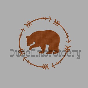 Pode incluir: Silhueta de urso marrom dentro de um círculo de flechas marrons. As flechas apontam em direções alternadas.