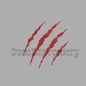 May include: Red embroidered claw marks on a gray background.