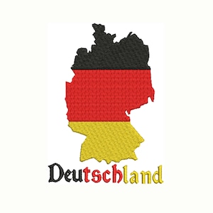 May include: Embroidered patch featuring the outline of Germany in black, red, and yellow, resembling the German flag. The word "Deutschland" is embroidered in a decorative font below the map.