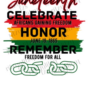 Puede incluir: Un diseño gráfico que celebra el Juneteenth. El diseño presenta la palabra "Juneteenth" en escritura roja, con las palabras "Celebrar", "Honrar" y "Recordar" en negrita negra. El diseño incluye la fecha 19 de junio de 1865 y una cadena rota.