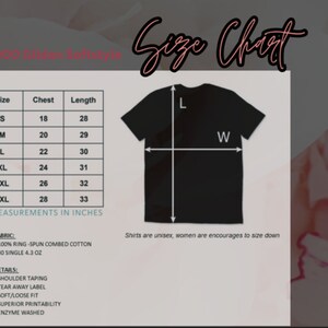 May include: A size chart for a black t-shirt, with measurements in inches. The chart includes sizes S to 3XL, chest measurements from 18 to 28 inches, and lengths from 28 to 33 inches. The fabric is 100% ring-spun combed cotton, 4.3 oz. Details include shoulder taping and a soft, loose fit.