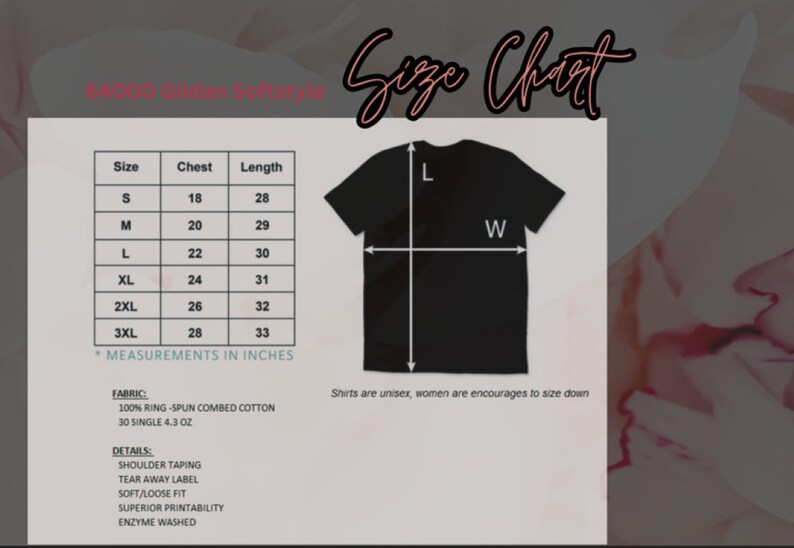 May include: A size chart for a black t-shirt, with measurements in inches. The chart includes sizes S to 3XL, chest measurements from 18 to 28 inches, and lengths from 28 to 33 inches. The fabric is 100% ring-spun combed cotton, 4.3 oz. Details include shoulder taping and a soft, loose fit.