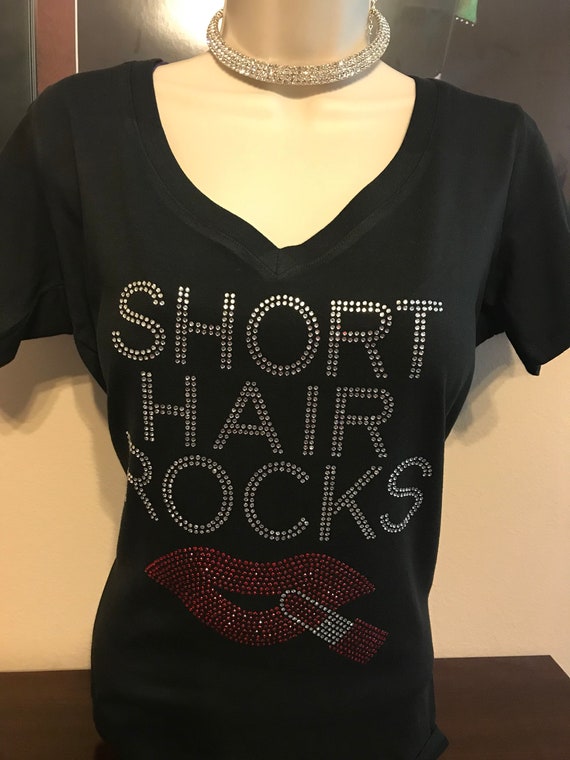 Short Hair Rocks Red Lipstick Rhinstone Shirt Hair Rocks Etsy