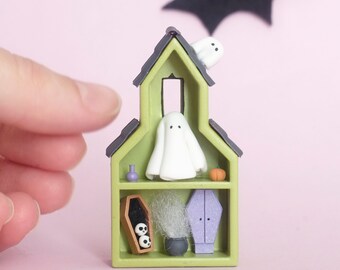 Spooky green house, Halloween, Halloween house, spooky house, haunted house, tiny Halloween, Halloween art