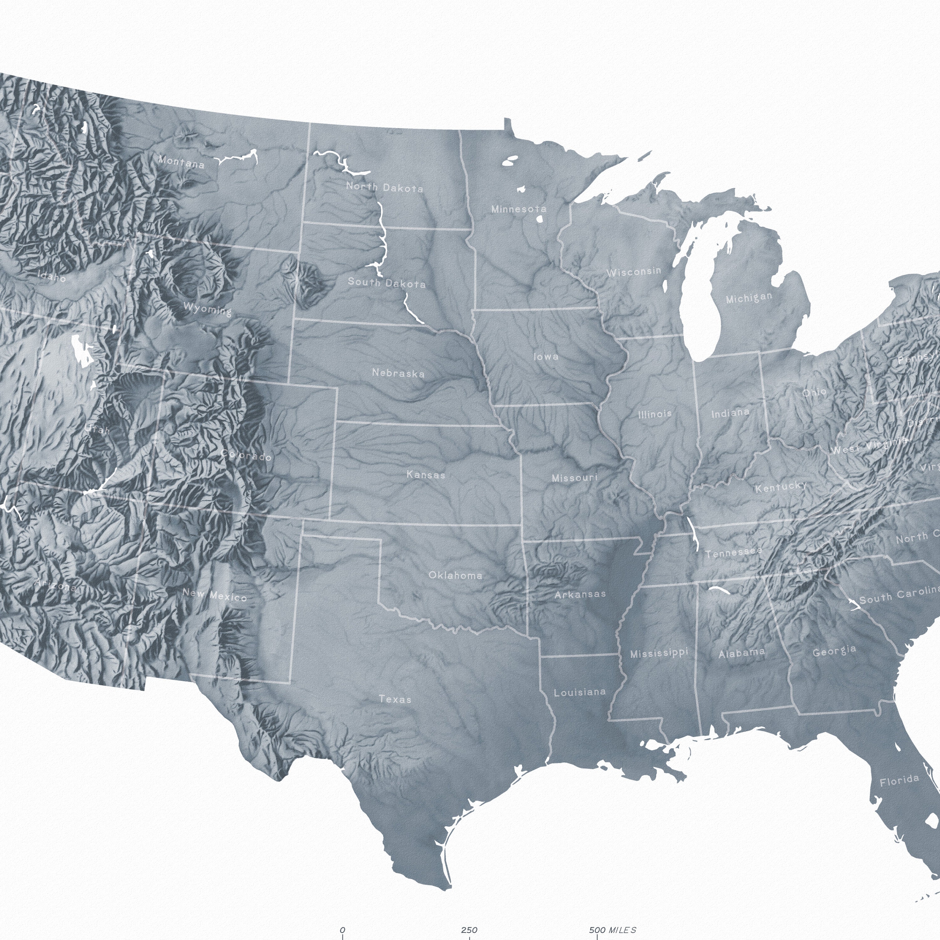 United States Topographic Map / Hand Drawn Shaded Relief / Etsy UK