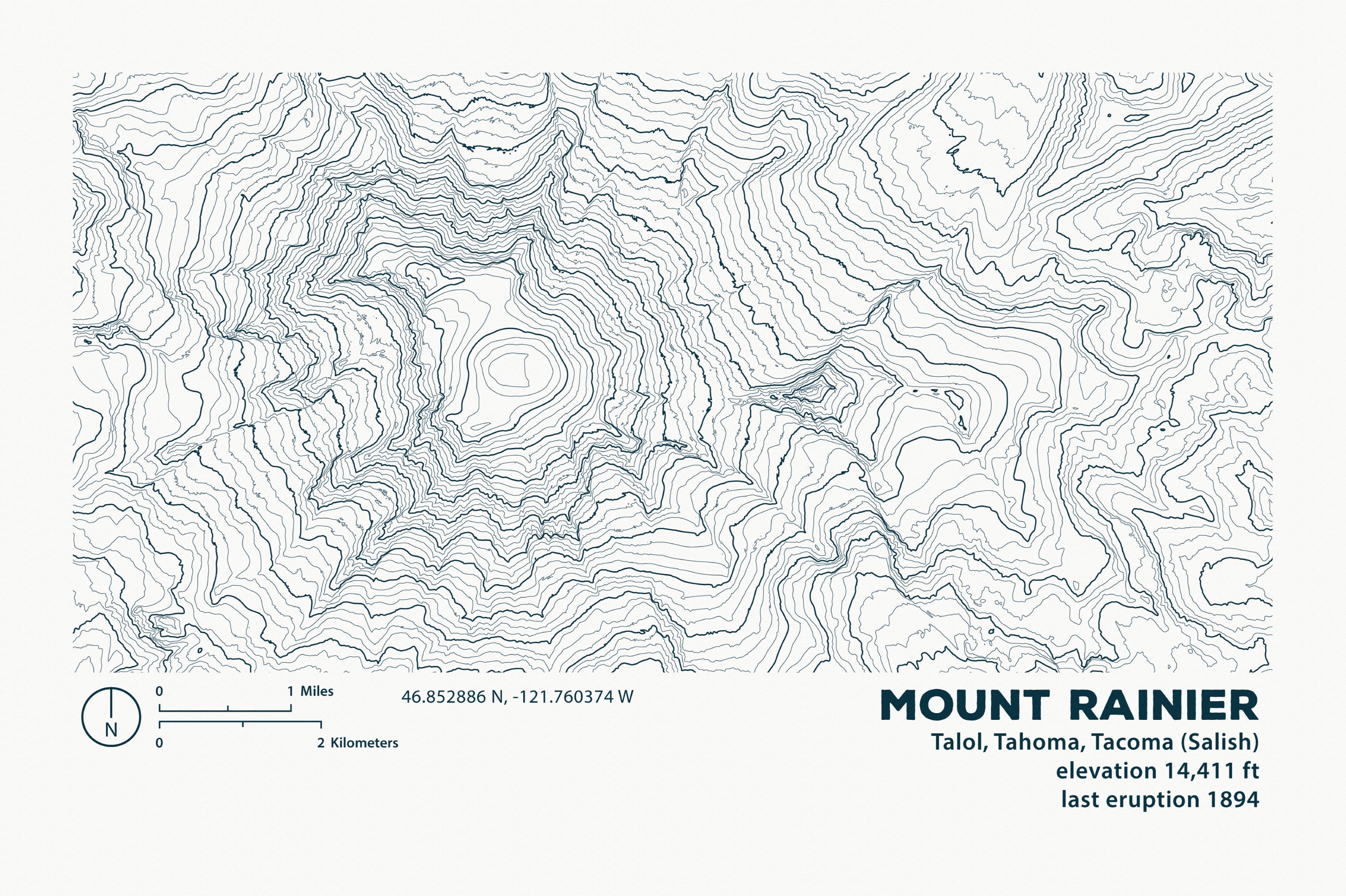 Mount Rainier Topographic Map Print / Map Wall Art / Tahoma / GIS Art / Abstract Map / Drawing ...