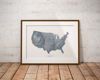 United States Topographic Map / hand drawn shaded relief / custom vintage map