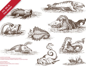 Medieval Map Monster Vectors / Editable / Printable / AI EPS SVG / Drawing & Illustration