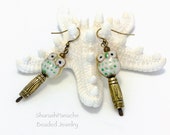 Owl Earrings, Owl on Stump Perch Earrings, Antique Gold Jewelry, Yellow Green Owl Ceramic Bead Earrings, Unique Earrings, OOAK, Gift for Her