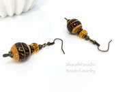 Lamp Work Caramel Brown Ball Dangle Drop Earrings, Czech Glass Topaz Bead Jewelry, Antique Brass Paddle Pin Earring, OOAK Gift for Her