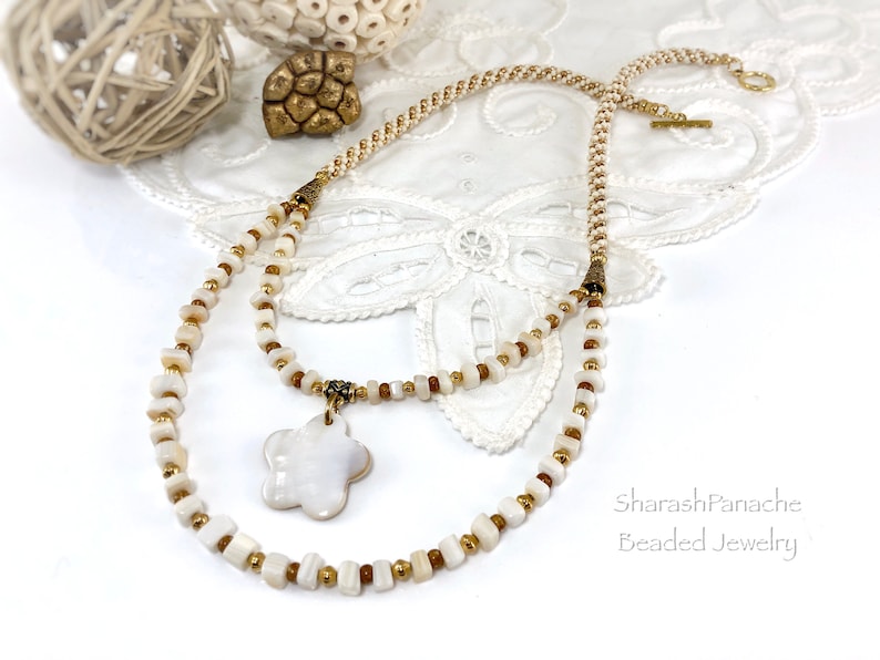 OOAK Kumihimo Necklace Gift for Her Spiral Gold Ivory Double Strand Flower Pendant Long Necklace Mother of Pearl Chip Bead Jewelry