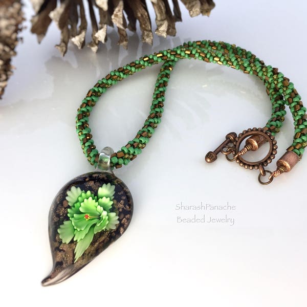 Kumihimo Necklace, Glass Green Flower Tear Drop Pendant, Green, Copper Braided Bead Necklace, Beaded Woven Braid Jewelry, OOAK Gift for Her