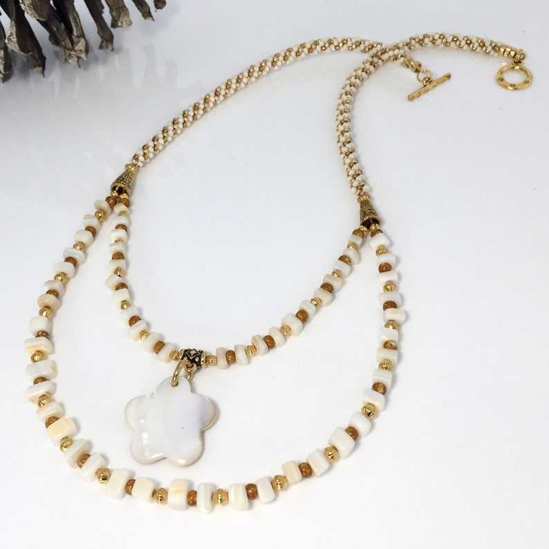 OOAK Kumihimo Necklace Gift for Her Spiral Gold Ivory Double Strand Flower Pendant Long Necklace Mother of Pearl Chip Bead Jewelry