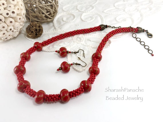 Multiple Lengths Available Seed Bead Necklace With Coral Red Flower Design Cm04 Beaded Kumihimo Necklace Jewelry Beaded Necklaces Ugaurbanag Com