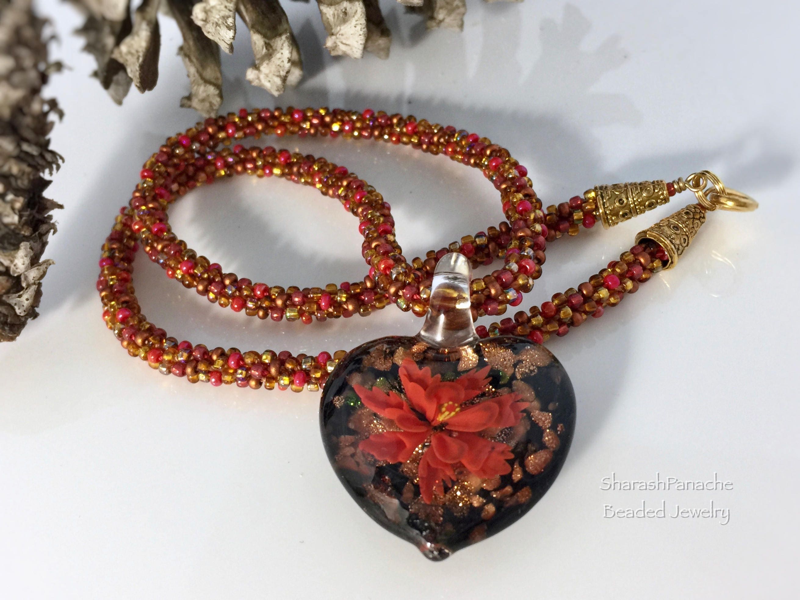 Kumihimo Necklace Beaded Kumihimo Chain Red Flower Gold Etsy