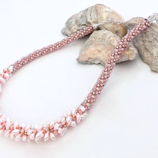 Beaded Kumihimo Necklace, Pink Braided Bead Necklace, Long Magatama Braid Necklace, Silver Ladder Chain, Special Occasion, OOAK Gift for Her